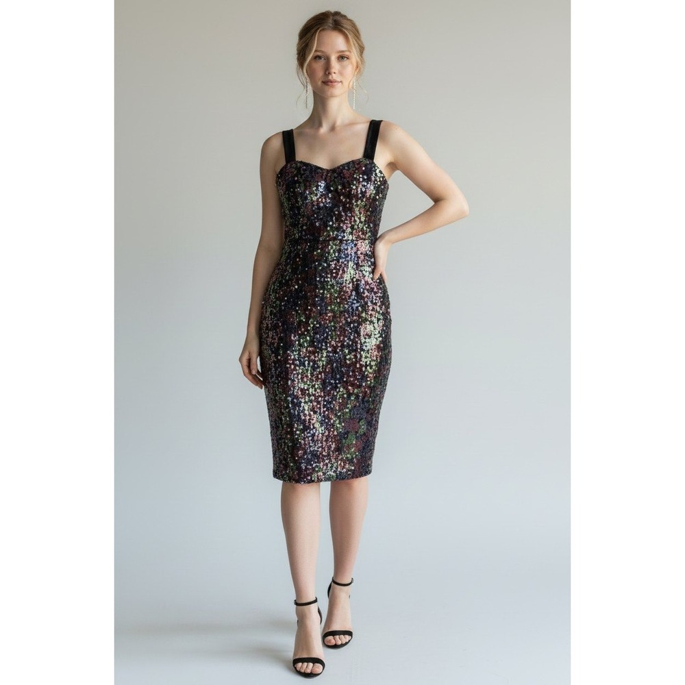 Dress the Population S Nicole Sequin Purple Floral Sheath‎ Midi Dress NWT $248